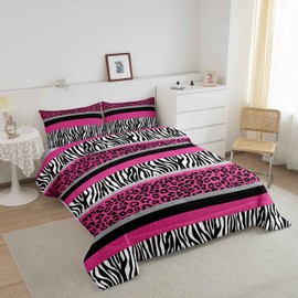 Zebra Stripes Comforter Leopard Print Comforter Set for Kids Boys Girls Pink Black White Zebra Leopard Fur Bedding Set Ultra Soft Decor Wild Animal Skin Texture Pattern Duvet Set Full Size Quilt Set