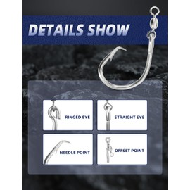 BLUEWING Offset Circle Hook with Swivel 5pcs Stainless Steel, Extra Sharp for Freshwater Saltwater Big Game Fishing, Size 08: 16/0, 5pcs