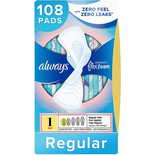 Always Infinity Feminine Pads for Women, Size 1, 108 Count, Regular Absorbency, with Wings, Unscented (36 Count, Pack of 3 - 108 Count Total)