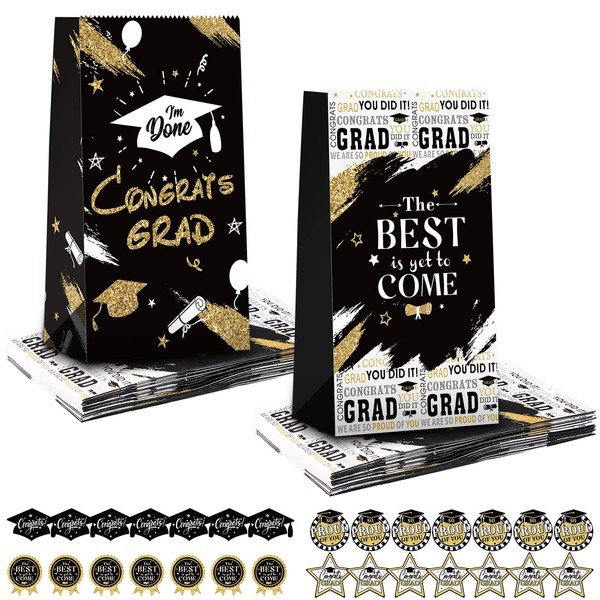 28 Pieces Graduation Gift Paper Bags with Stickers, Congrats Graduates Party Candy Treat Bags the Best Is Get to Come Goodie Favor Bags for Graduation Party Decorations Supplies (Black and Gold)