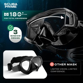 Scuba Prime Pano 3 Scuba Diving Mask, Tempered Glass Snorkel Mask Three-Window Scuba Mask No-Leak Dive Mask Silicone Skirt Diving Mask for Snorkeling and Scuba Use, Black