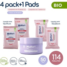 Walfort Toallitas micelares + Pads desmaquillantes waterproof. Remueven maquillaje, limpian e hidratan. Ideales para el cuidado diario de la piel. Caja con 5 productos