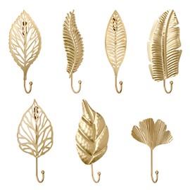 QUMENEY 7 Pieces Wall Mounted Metal Coat Hooks Gold Leaves Decorative Hanging Wall Hooks Key Holder Hanger for Entrance Bathroom Bedroom Farm Decoration