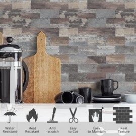 STICKGOO 10 Sheets Subway Peel and Stick Backsplash, Stick on Kitchen Backsplash PVC Wall Tiles, Ecru Rustic Wood Panel Self Adhesive Tile for Kitchen and Bathroom