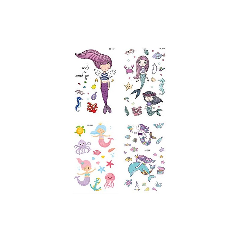 PowerTRC Temporary Tattoos Mermaid Cartoon For Kids, 12 Sheets Set,