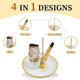 Palo Santo Holder, 4 in 1 Incense and Candle Holder for Burning Sage and Palo Santo, Sage Holder for Burning, 5.9" Ceramic Incense Holder with Ash Catcher Tray for Meditation Zen Decor