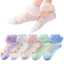 WBZOTSS 5 Pairs Ruffle Lace Trim Dress Socks for Toddler Girls Summer Soft Breathe Eyelet Frilly Socks Little Girls(3T-12T)