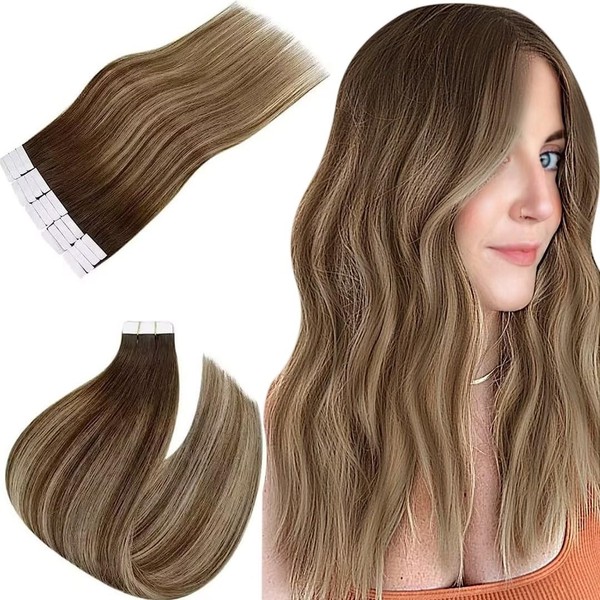 Easyouth Remy Real Hair Tape-In Extensions, Mix of Medium Brown,