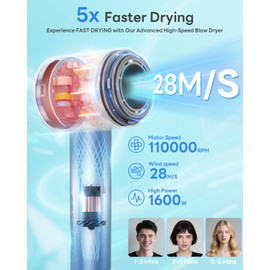 Hair Dryer, 110,000 RPM Professional High-Speed Blow Dryer with 200 Million Negative Ions, Thermo-Control, 4 Heat & 2 Speed, Lightweight & Low Noise, Magnetic Nozzle for Fast Drying at Home & Travel