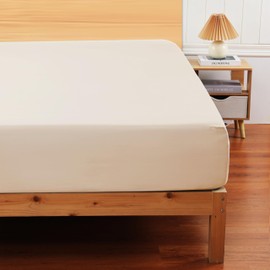 100% Cotton Fitted Sheet Cal King Size Sateen, All-Around Elastic Deep Pocket Durable Bottom Sheet with Foot Tag, Beige Color 1 Fitted Sheet Only