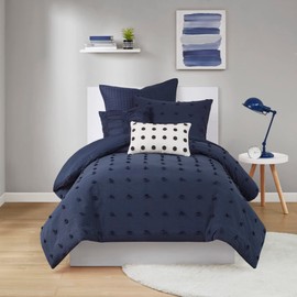 Urban Habitat Duvet Set 100% Cotton Jacquard, Tufts Accent, Shabby Chic All Season Cover for Comforter, Matching Shams, Decorative Pillows, Twin/Twin XL (68 in x 92 in), Navy 5 Piece
