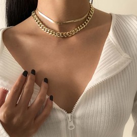 Inilbran Punk Cuban Chain Choker Necklace Multilayer Chunky Link Chain Necklace Vintage Snake Chain Necklace Gold Herringbone Chain Necklace Jewellery for Women and Girls, Zinc