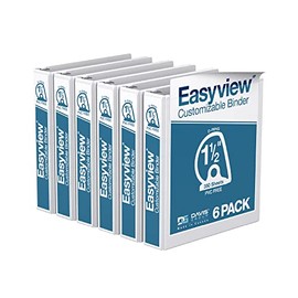EasyView Premium 1.5-Inch Binders with Clear-View Covers, 3-Ring Binders for School, Office, or Home, Colored Binder Notebooks, Pack of 6, D Ring, White