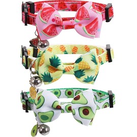 Cat Collars 3 Pack/Set Cat Collar Collier Chat Breakaway with Bell and Bow Tie for Kitty Kitten Adjustable Safety Bowknot Pet Bowtie Fruit Design
