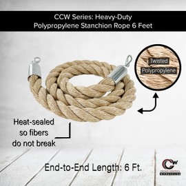 Montour Line Red Heavy-Duty Twisted Polypropylene Rope 6 Feet with Polished Brass Snaps, Post Queue Line Barrier for Movie Theaters, Grand Openings, Hotels