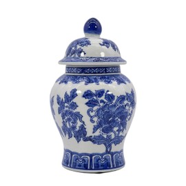 8" Ceramic Ginger Jar w/Lid - Classic Chinese Style Porcelain Jar Tea Storage for Home Decor Decorative Centerpiece Vintage Accent Antique Vase Jingdezhen (Blue & White Hibiscus)