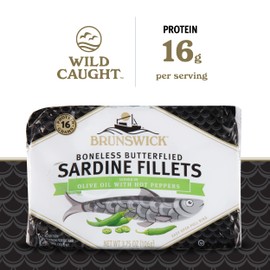 Brunswick Sardines in Olive Oil with Hot Peppers, 3.75 oz Can (Pack of 12) - Boneless Butterflied Sardine Fillets - Wild Caught - 16g Protein per Serving - Gluten Free, Keto Friendly