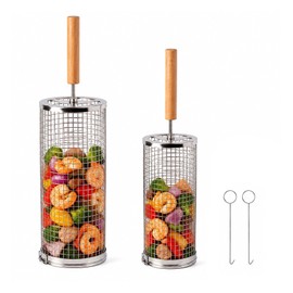 Rolling Grill Basket 2 Pack, 304 Stainless Steel BBQ Grilling Cage with Removable Wooden Handles, Locking Design for Vegetables, Shrimp, Fish, Wings and Meat, Outdoor Cooking Accessory for Smoker, Camping and Backyard Barbecue