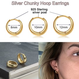 EPIRORA Silver Hoop Earrings for Women, 3 Pairs Gold Chunky Thick Hoop Earrings, Sterling Silver Huggie Cartilage Hoop Earrings Jewelry Gifts for Girls Men, 8/10/12mm