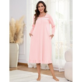 Bloggerlove House Dress Women Soft Cotton Nightgown with Pocket Long Sleeve Ladies Nightdress Ruffle Sleepdress Pink XL