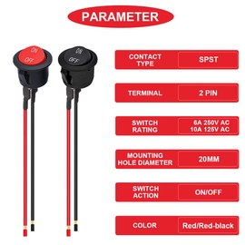 MKBKLLJY 14Pcs 20mm Mini Round Rocker Switch ON/Off Latching Toggle Switch SPST 2Pin Snap-in Design with Pre-Wired wires AC 6A 250V 10A 125V 12V DC for Car Automotive Boat 2Color(Black/Red)