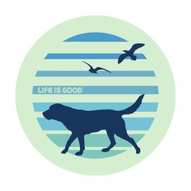 Life is Good. 70's Retro Dog Beach Walk 4" Circle Sticker, Sage Green