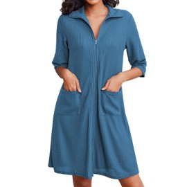 Ekouaer Zipper Robes for Women Waffle Knit Bathrobes Short Lightweight Knee Length Loungewear with Pockets S-XXL