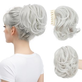 youngways Claw Clip Short Ponytail Messy Bun Hair Piece Bendable Hair Branch Extensions Fluffy Wavy Curly Synthetic Versatile White Hairpieces