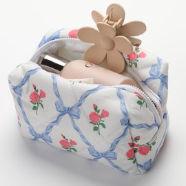 Quilted Makeup Bag Small Cotton Floral Cosmetic Makeup Bag Organizer, Aesthetic Portable Pouch Purse Toiletry Bag for Women Girls, Blue Butterfly, Small