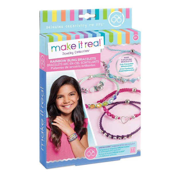 Make It Real: Rainbow Bling Bracelets Kit - Create 5 Unique Cord Charm Bracelets, 82 Pieces, Includes Play Tray, All-in-One, DIY Kit, Tweens & Girls, Arts & Crafts, Kids Ages 8+
