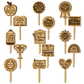 arricraft 15 Pcs Wood Plant Labels, 15 Styles Garden Labels with Teacher Text Leaf Decoration Wooden Markers for Indoor and Outdoor Plants Flowers Seed Potting Teachers' Day Gift