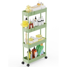 LEHOM 5.3" Slim Storage Cart - 4 Tiers Bathroom Organizer Mobile Shelving Unit Storage Rolling Utility Cart Slide Out Organizer for Kitchen Bathroom Laundry Narrow Places, Green