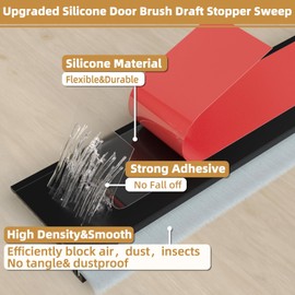 2Pack Door Draft Stopper for Bottom of Door with Brush,Strong Adhesive Under Door Sweep for Exterior & Interior,Soundproof Door Gap Filler Bottom Seal Dust Blocker and Noise Stopper,Black