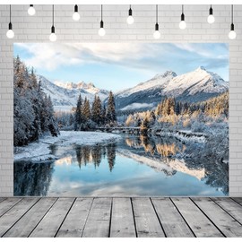 Loccor 5x3ft Fabric Winter Mountain River Backdrop Snow Landscape Snowy Mountain Lake Pine Forest Trees Backdrop Party Decorations Photo Studio Props