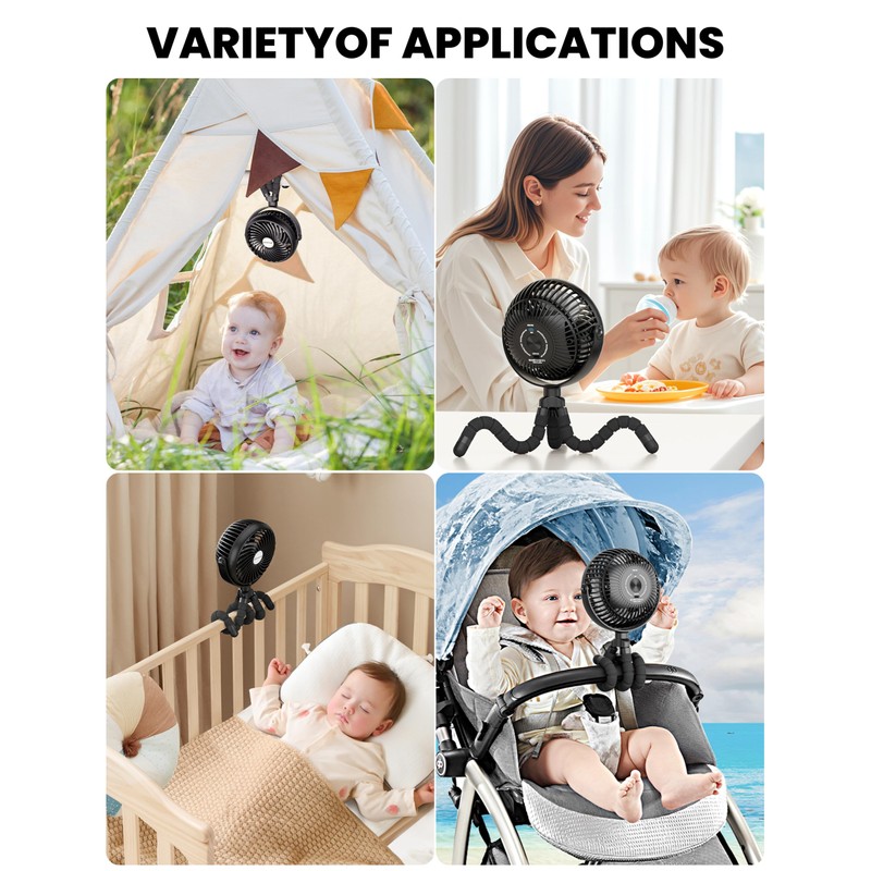 AMACOOL Baby Stroller Fan - 5000mAh Rechargeable, 3-Speed, Strong Yet