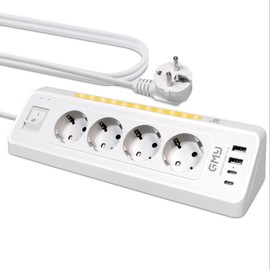 White Power Strip with 4 USB Ports, Multiple Socket with Switch, 2 m, 1.5 mm²