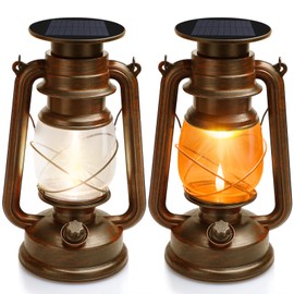 2 Pack Solar Hanging Lantern Outdoor, Solar Powered, Auto On/Off Waterproof LED Flame Umbrella Vintage Lights for Garden, Patio, Yard, Flickering Flameless Candle Mission Lights for Table, Party