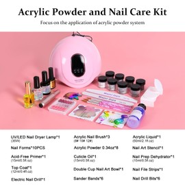 DouborQ Acrylic Nail Kit with Electric Nail Drill Nail Lamp,8 Color Acrylic Powder and Liquid Set,Acrylic Nail Starter Set Salon DIY Nail Art Supplies for Beginner with Everything (8 Color-10)