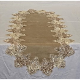 Doily Boutique Table Runner or Dresser Scarf in Gold Vintage Lace and Brown Microsuede Fabric Size 36 x 15 inches