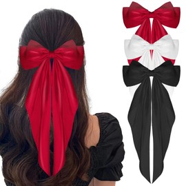 3 PCS Satin Bow Hair Clips Big Bow Barrettes Long Tail French Bowknot Hair Pins Ponytail Holder Metal Bow Hair Clips Butterfly Aesthetic Hair Accessories for Women Girls