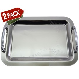 Maro Megastore (Pack of 2) 14.2 inch x 10.2 inch Oblong Chrome Plated Mirror Silver Serving Tray with Handles Stylish Floral Engraved Decorative Party Birthday Wedding Buffet Platter Plate CC-1029
