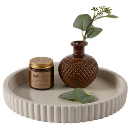 Decorative Tray for Coffee Table, 11” Concrete Round Tray Home Decor, Table Centerpiece for Dining Room, Living Room, Kitchen Counter, Bathroom, Modern Bandejas Decorativas, Large Circle Trays, Beige