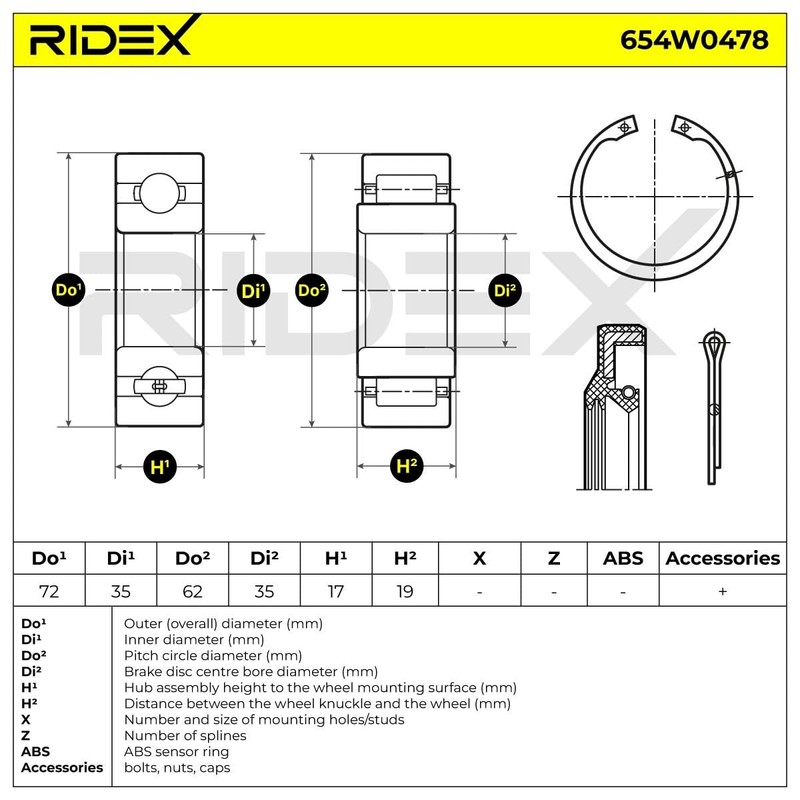 RIDEX Wheel Bearing Kit 654W0478 Rear Outer Diameter: 72, 62
