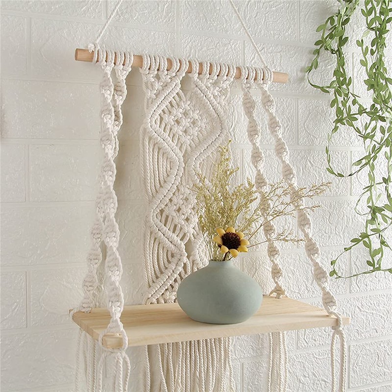 Macrame Wall Hanging Plant Decor Shelf Indoor Outdoor Floating Wood