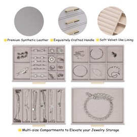 Vlando 4-Drawer Jewelry Box with Glass Lid, Faux Leather Organizer for Rings, Earrings, Necklaces and More, Gift-Ready Jewelry Case for Women Girls or Moms, Grey