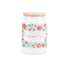Purely Home Flower Border Ceramic Herbal Tea Storage Canister - Floral Artwork Kitchen Food Storage Container & Wooden Lid 600ml (14.5cm x 9.5cm)