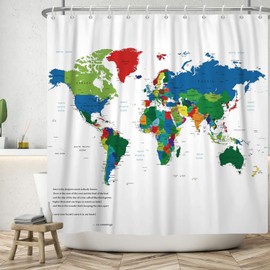 SDOTPMT 140 x 180 cm World Map Shower Curtain Coloured Map of the World Children Educational Theme Countries Cities Bath Curtain White Shower Curtain for Bathroom Polyester with Hooks