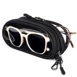 FIROK Clear Double Glasses Case, Soft Eyeglass Readers Case for 2 with PVC Windows, Dual Sunglasses Pouch for Women Men (Black, A)