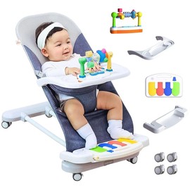 Baby Bouncer 4-in-1 with Wheels, Detachable Piano, Feeding Tray, Play Bar, Thick Base. 3-Level Incline Portable Seat for Infant to Toddler 0-6, 0-12, 12-24 Months, Upto 29Lbs - Colour: pink