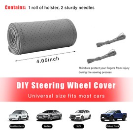 Augeny Genuine Leather Steering Wheel Cover, Breathable Anti-Slip Car Steering Wheel Protector Stitch on Wrap for Max Diameter 15 Inch, DIY Sewing with Needle Thread (Full Hole, Gray)
